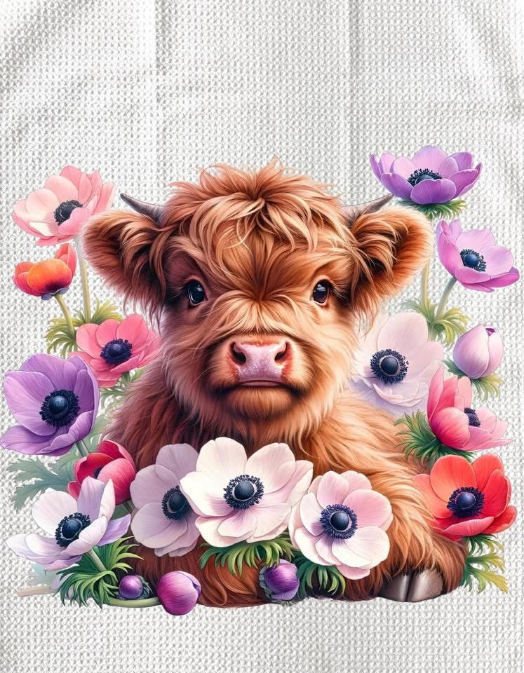 TOWELS - HIGHLAND COW FLOWERS COLORFUL
