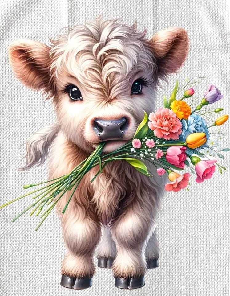 TOWELS - HIGHLAND COW FLOWERS HOLDING BOUQUET