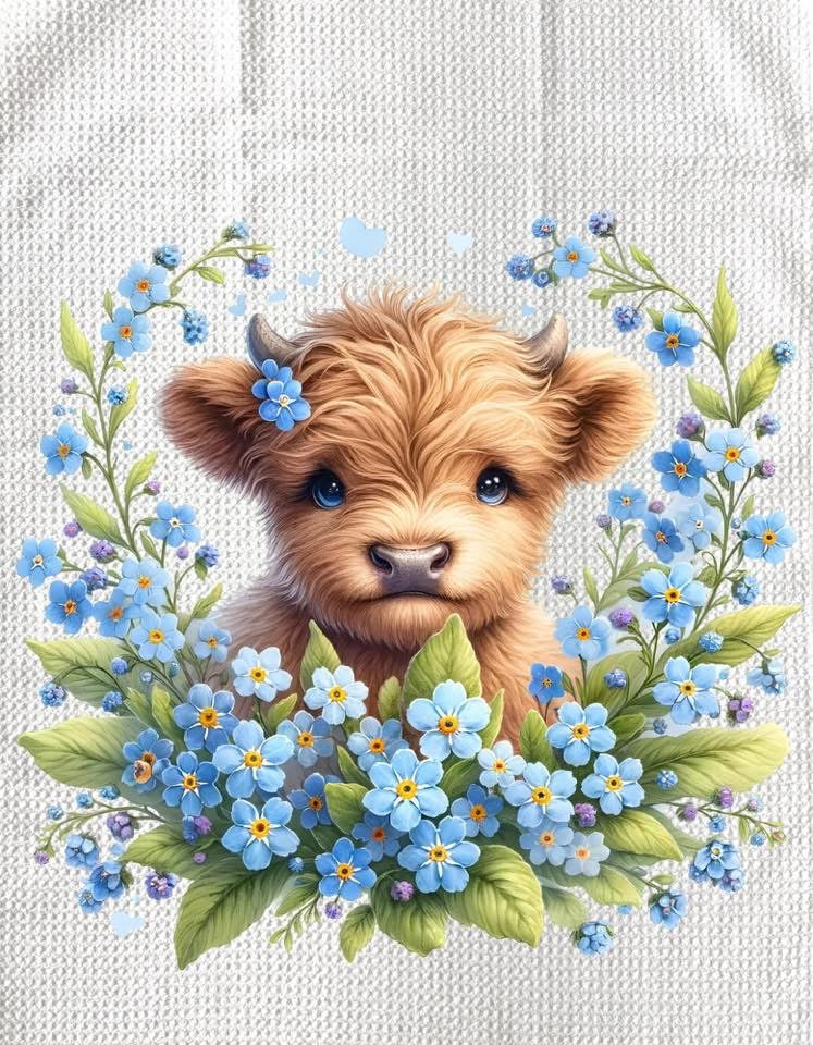 TOWELS - HIGHLAND COW FLOWERS BLUE