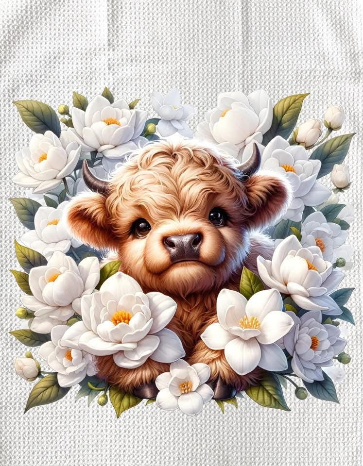 TOWELS - HIGHLAND COW FLOWERS WHITE