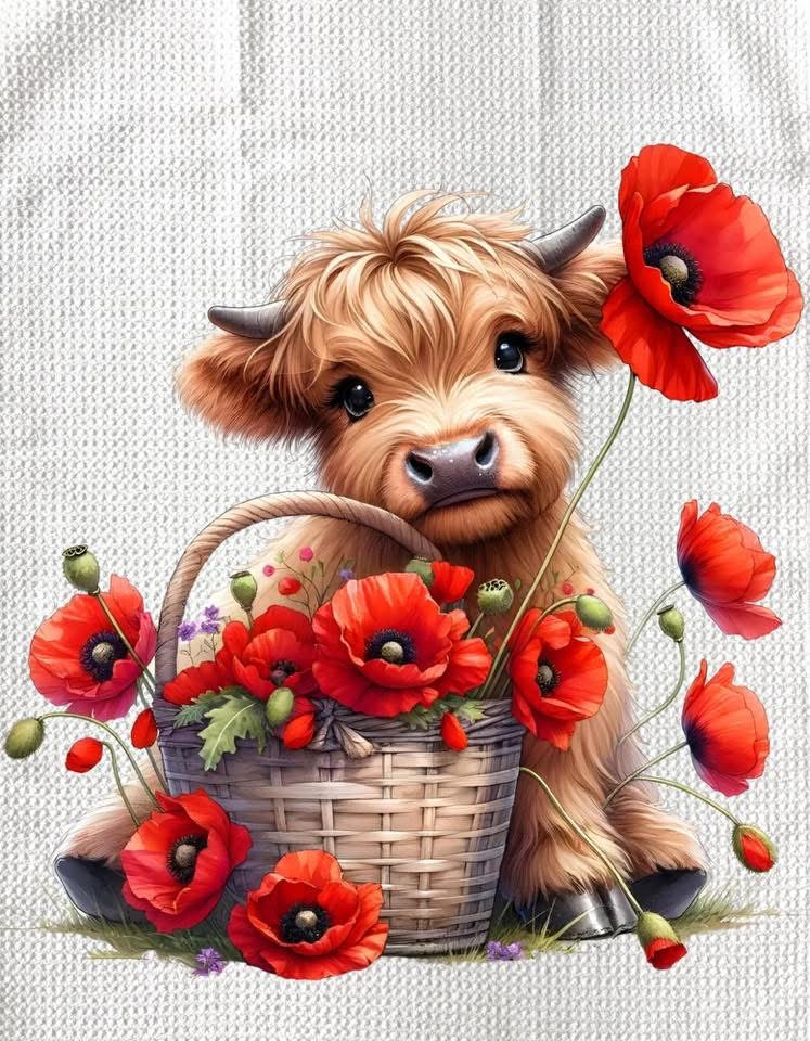 TOWELS - HIGHLAND COW FLOWERS BASKET RED