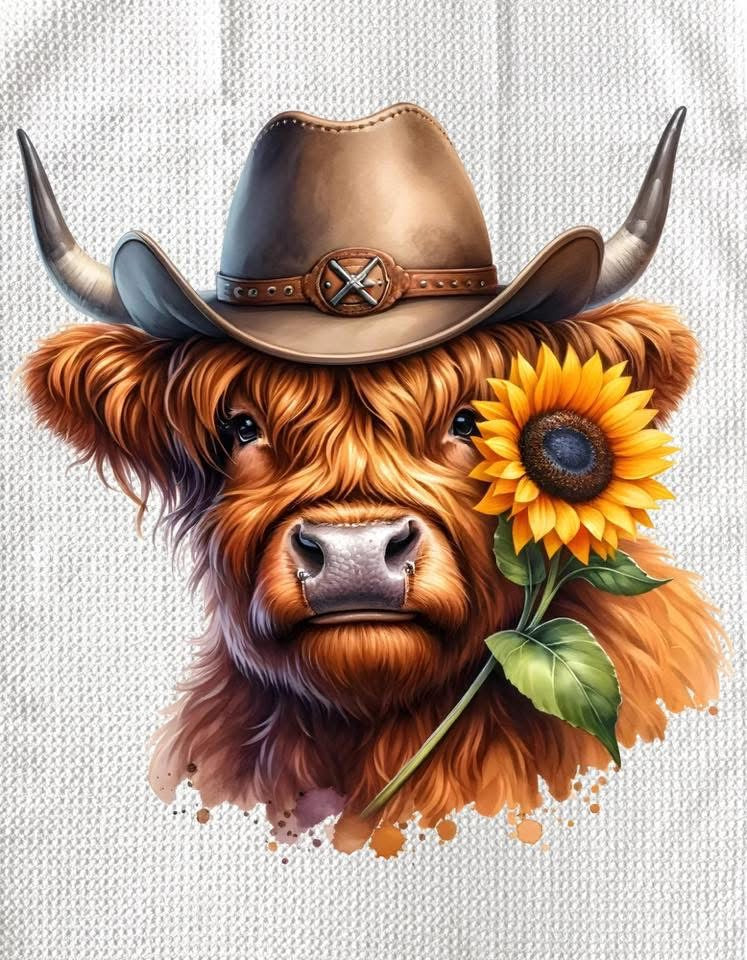 TOWELS - HIGHLAND COW SUNFLOWERS COWBOY