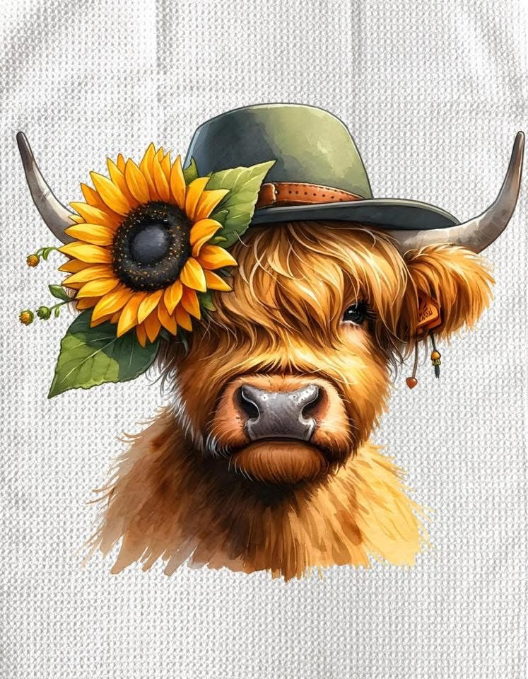 TOWELS - HIGHLAND COW SUNFLOWERS HAT