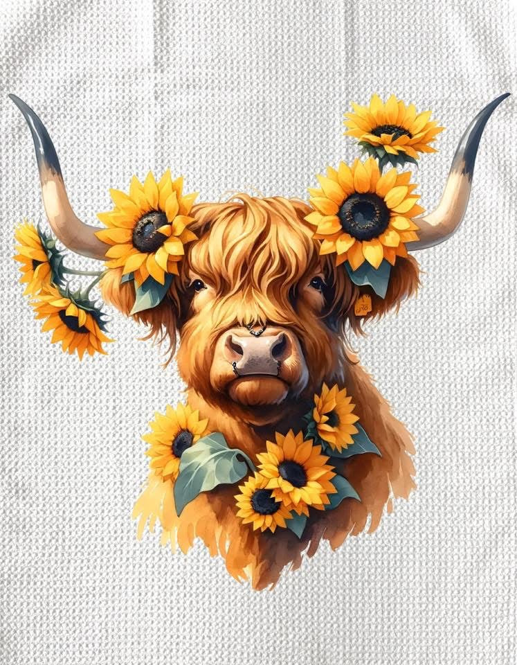 TOWELS - HIGHLAND COW SUNFLOWERS HORN