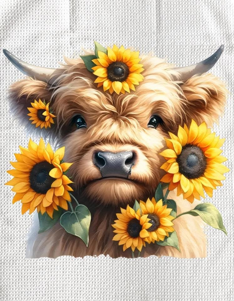 TOWELS - HIGHLAND COW SUNFLOWERS FACE