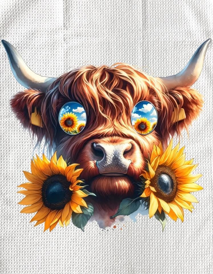 TOWELS - HIGHLAND COW SUNFLOWERS SUNGLASSES