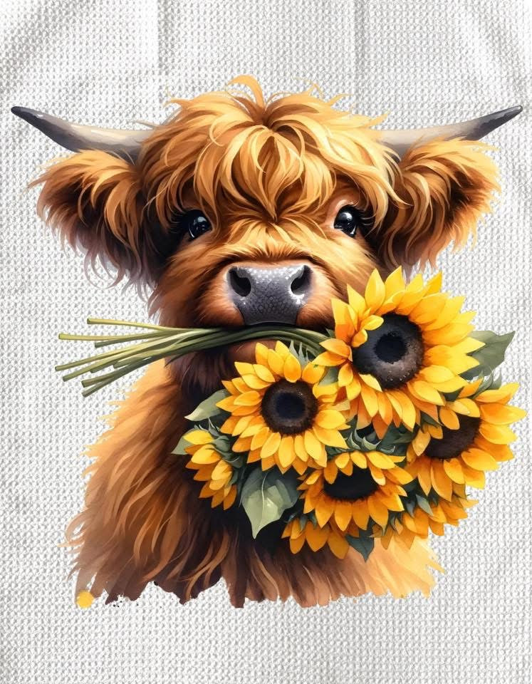 TOWELS - HIGHLAND COW SUNFLOWERS BOUQUET