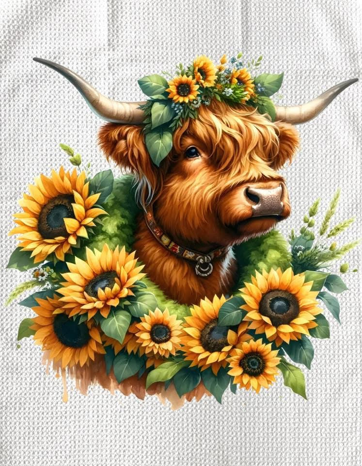 TOWELS - HIGHLAND COW SUNFLOWERS NECK