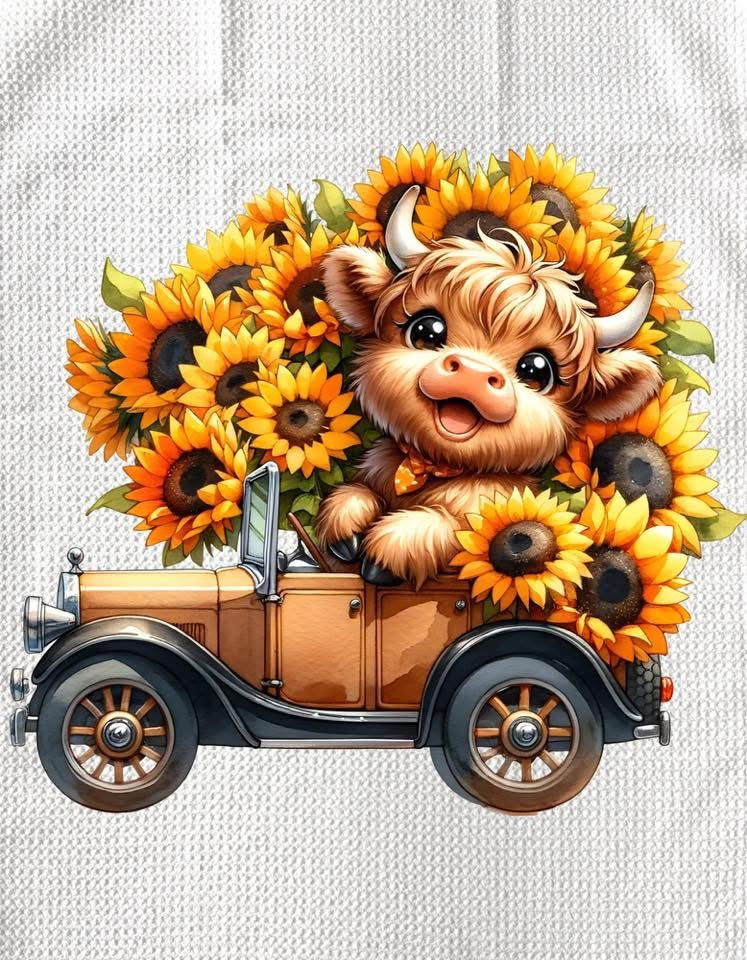 TOWELS - HIGHLAND COW SUNFLOWERS VINTAGE CAR