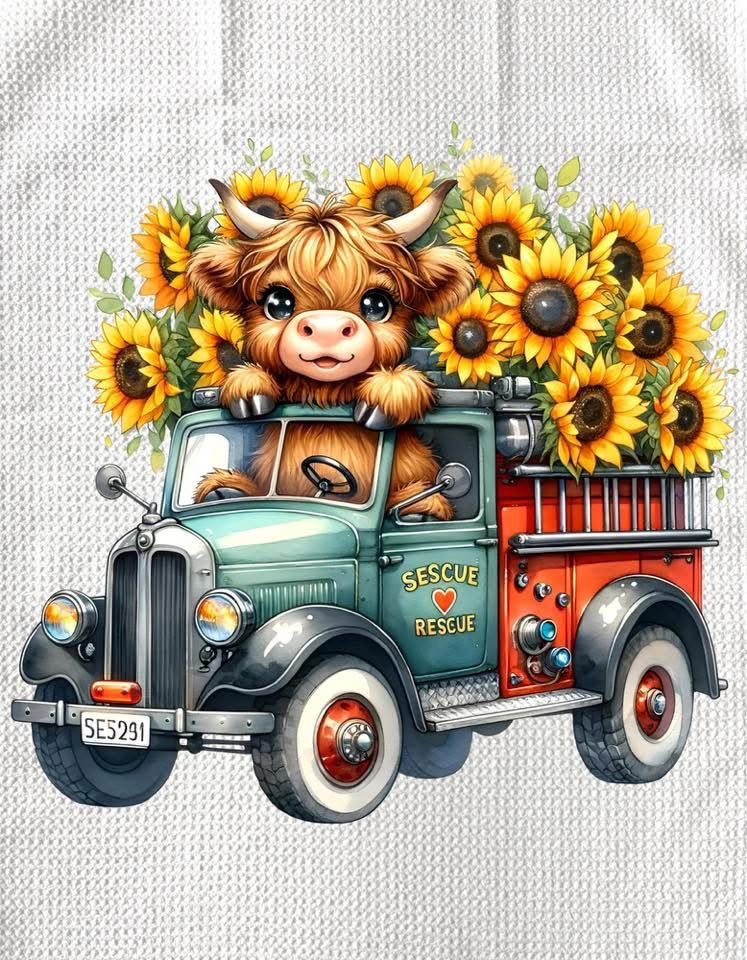 TOWELS - HIGHLAND COW SUNFLOWERS TRUCK LADDER