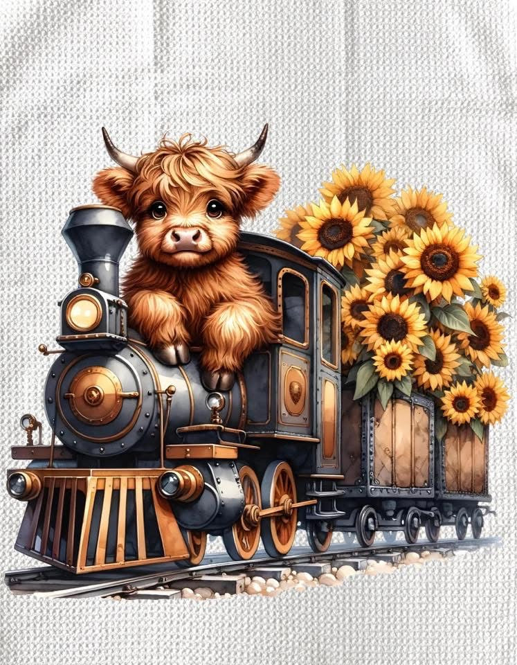 TOWELS - HIGHLAND COW SUNFLOWERS TRAIN