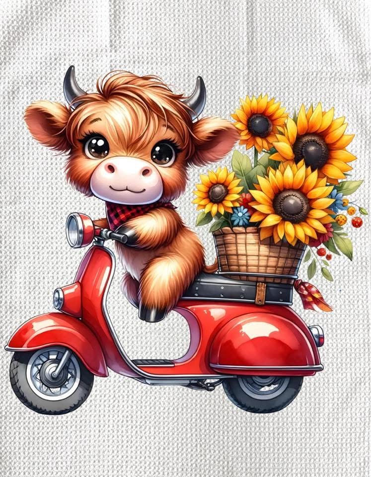 TOWELS - HIGHLAND COW SUNFLOWERS SCOOTER