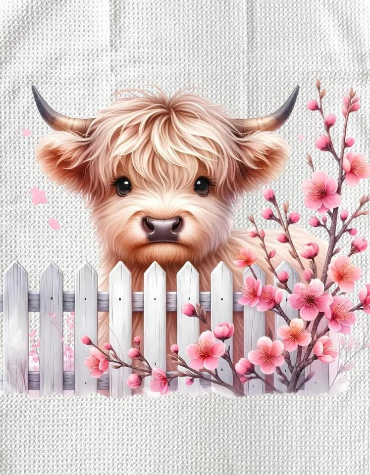 TOWELS - HIGHLAND COW FLOWERS FENCE