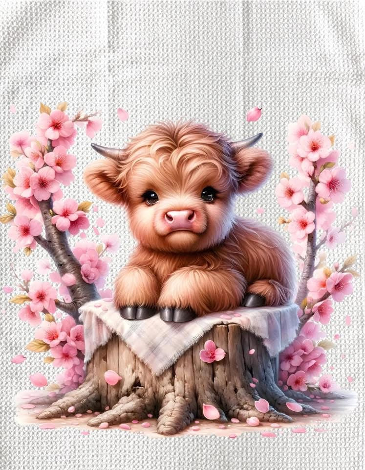 TOWELS - HIGHLAND COW FLOWERS TREE STUMP