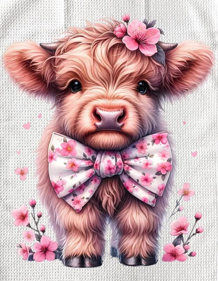 TOWELS - HIGHLAND COW FLOWERS ON BOW
