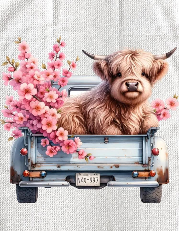 TOWELS - HIGHLAND COW FLOWERS CHERRY BLOSSOM