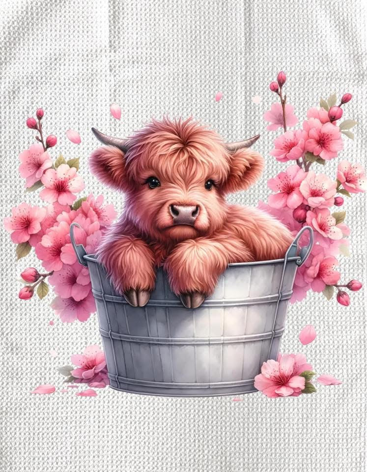 TOWELS - HIGHLAND COW FLOWERS PAIL PINK