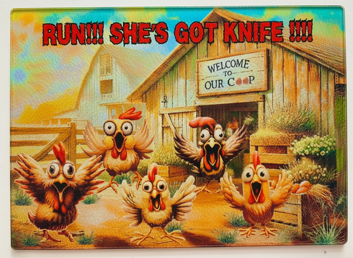 Tempered Glass Cutting Board Chicken/Rooster Run She's Got a Knife