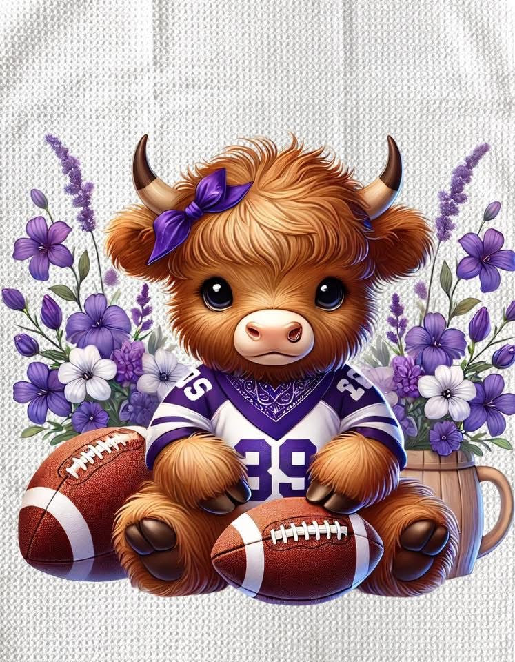 TOWELS - HIGHLAND COW FOOTBALL PURPLE BOW