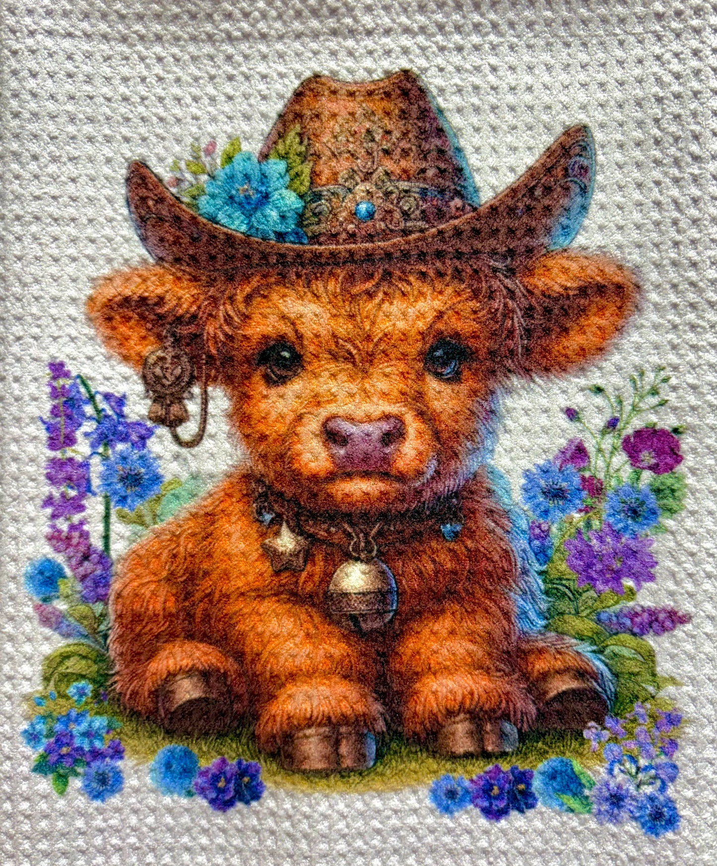 TOWELS - HIGHLAND COW HAT BLUE FLOWER