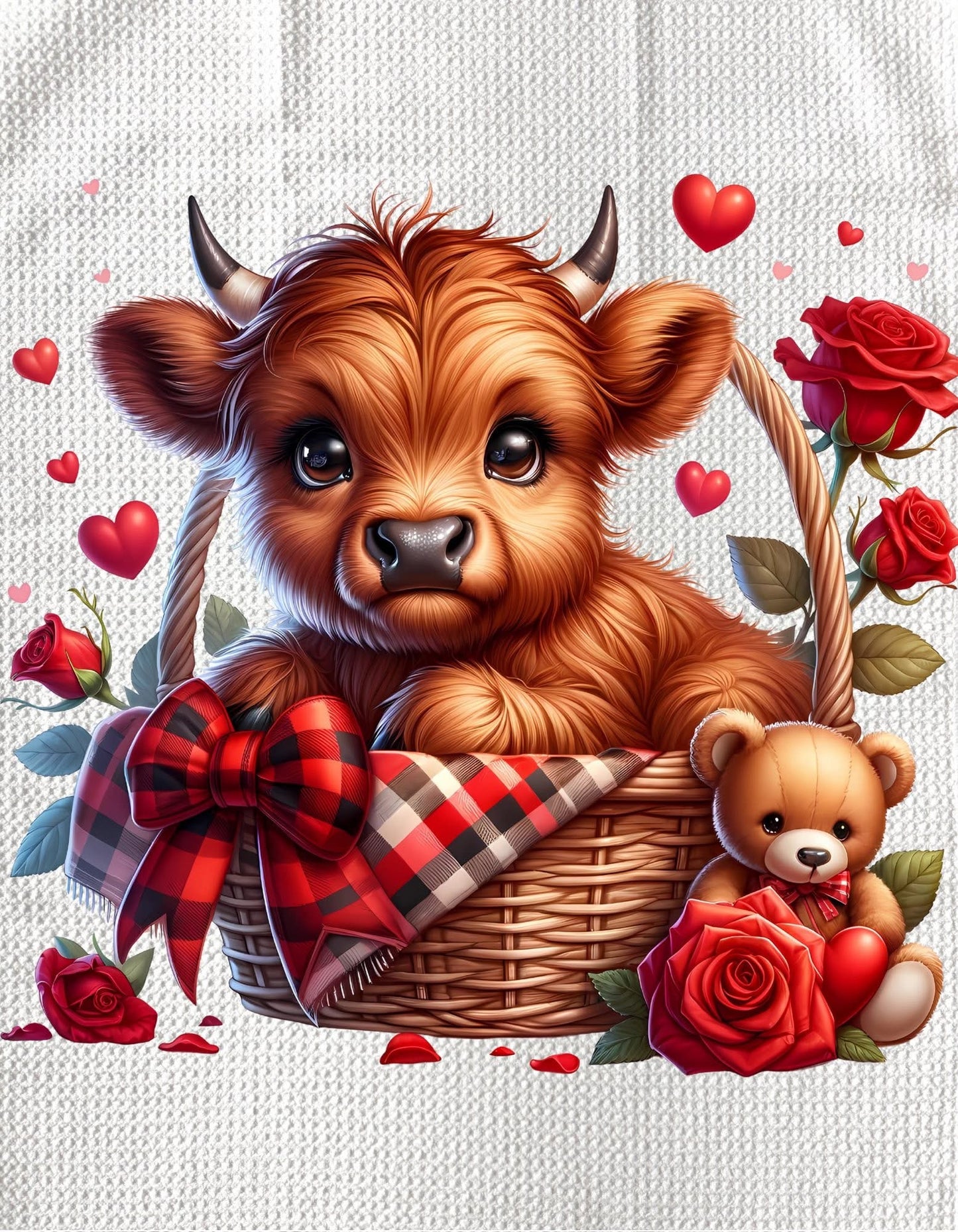 TOWELS - VALENTINE'S HIGHLAND COW PLAID BASKET