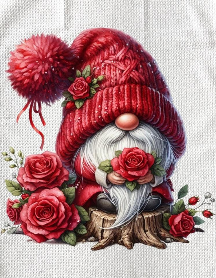 Towels - VALENTINES GNOME SITTING ON STUMP