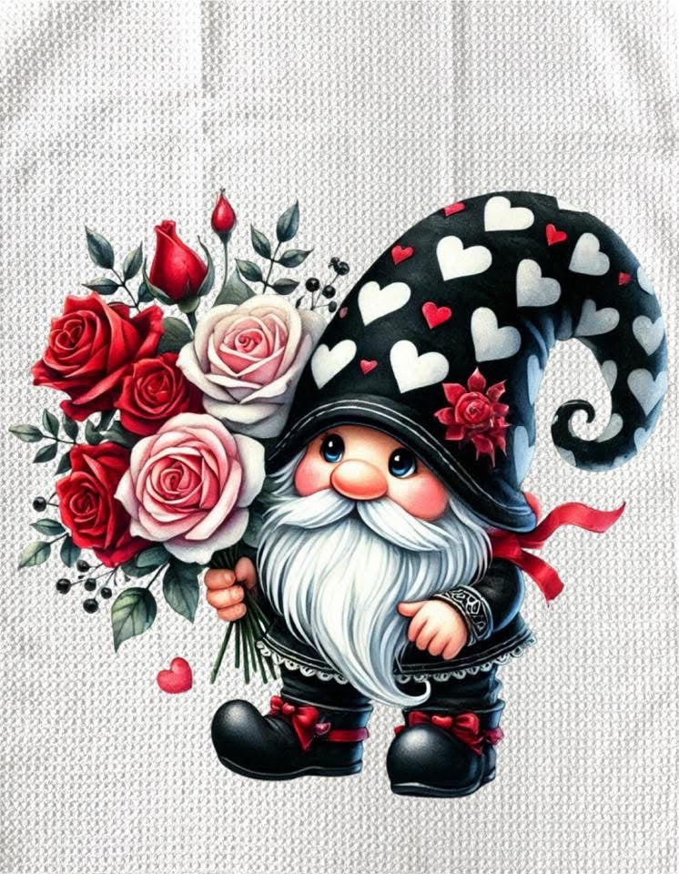 TOWELS - VALENTINE'S GNOME HOLDING BOUQUET