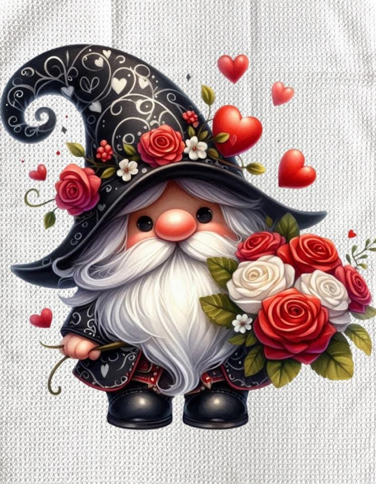TOWELS - VALENTINE'S GNOME DECO HAT & ROSES