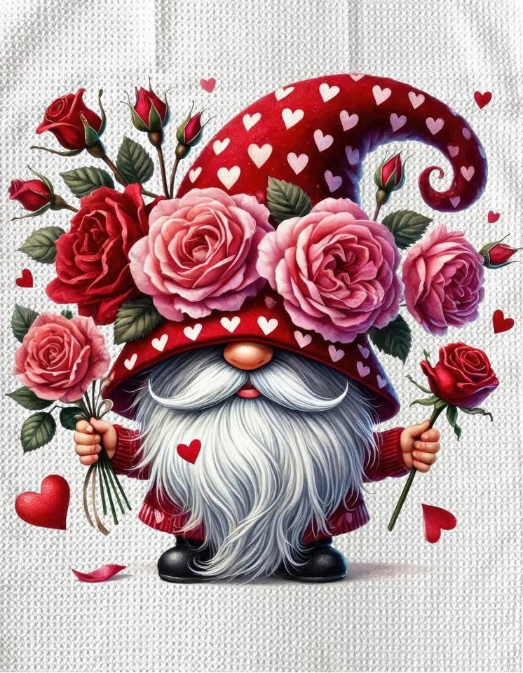 TOWELS - VALENTINE'S GNOME HOLDING SINGLE ROSES