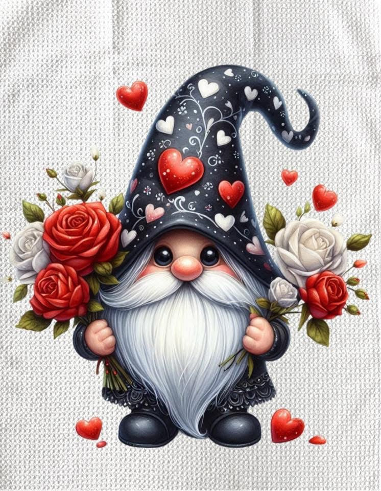 TOWELS - VALENTINE'S GNOME HOLDING BOUQUETS