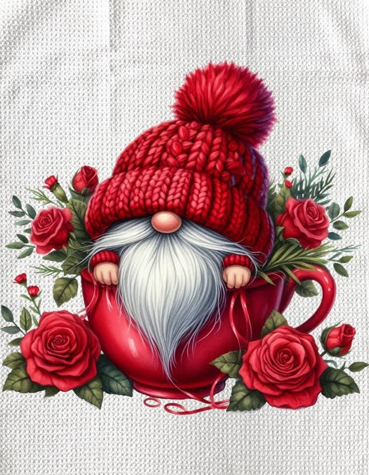 TOWELS - VALENTINE'S GNOME IN RED TEACUP