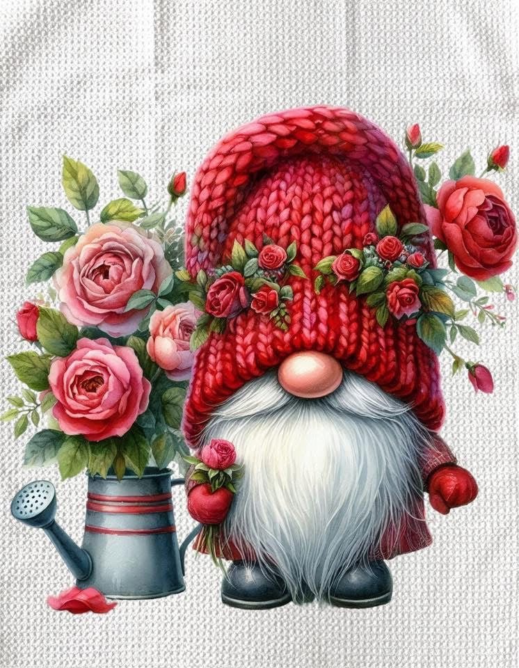 Towels - VALENTINES GNOME BY WATERING CAN