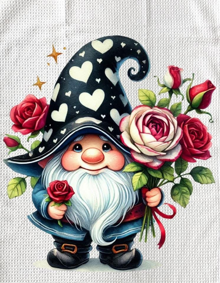 TOWELS - VALENTINE'S GNOME WITH RED WHITE FLOWER