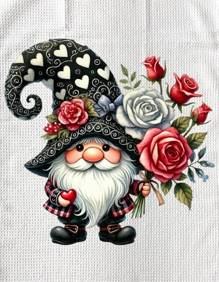 TOWELS - VALENTINE'S VALENTINES GNOME HOLDING HEART BLUE BOW