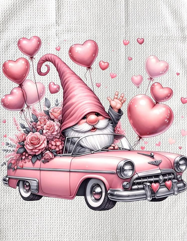 TOWELS - VALENTINE'S GNOME PINK CAR