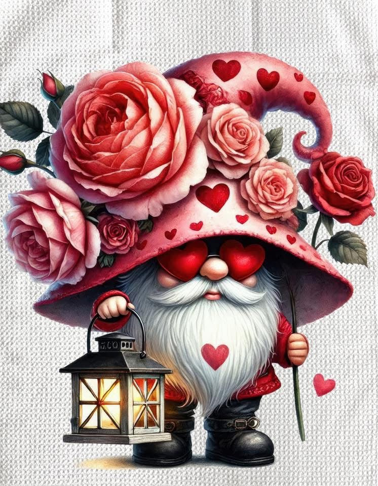 TOWELS - VALENTINE'S GNOME HOLDING LANTERN