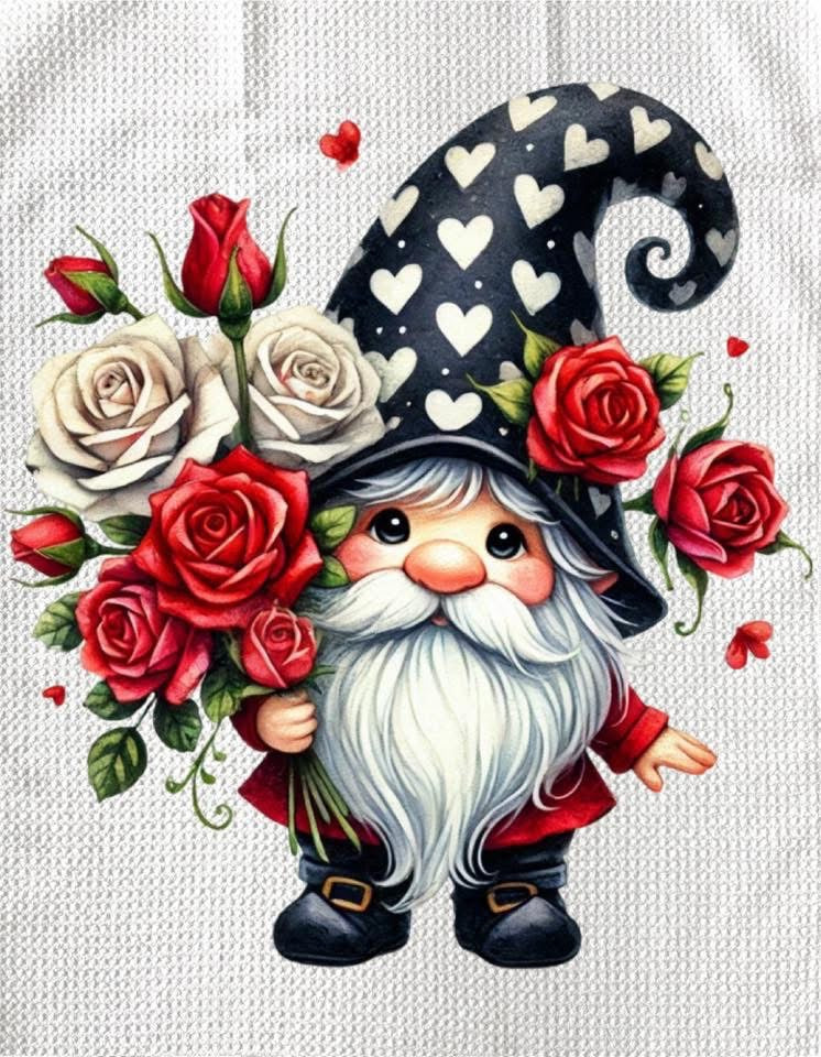 TOWELS - VALENTINE'S GNOME WITH 2 WHITE ROSES