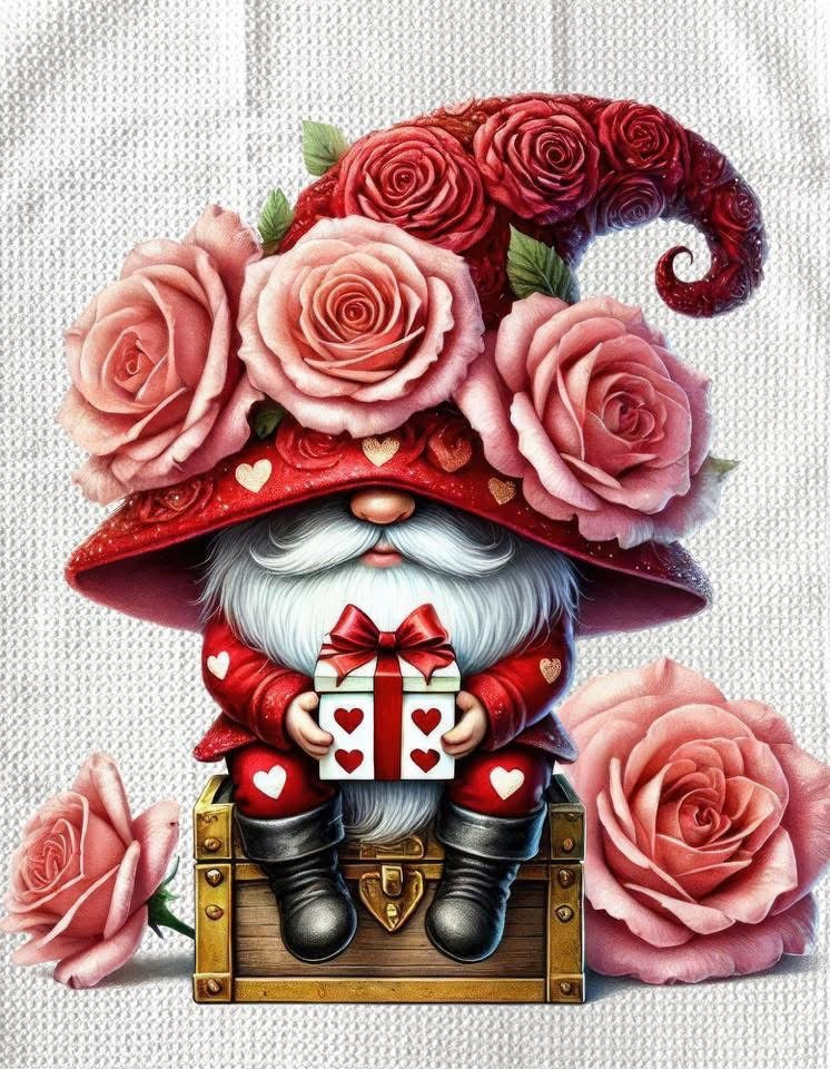 TOWELS - VALENTINE'S GNOME SITTING ON WOOD BOX