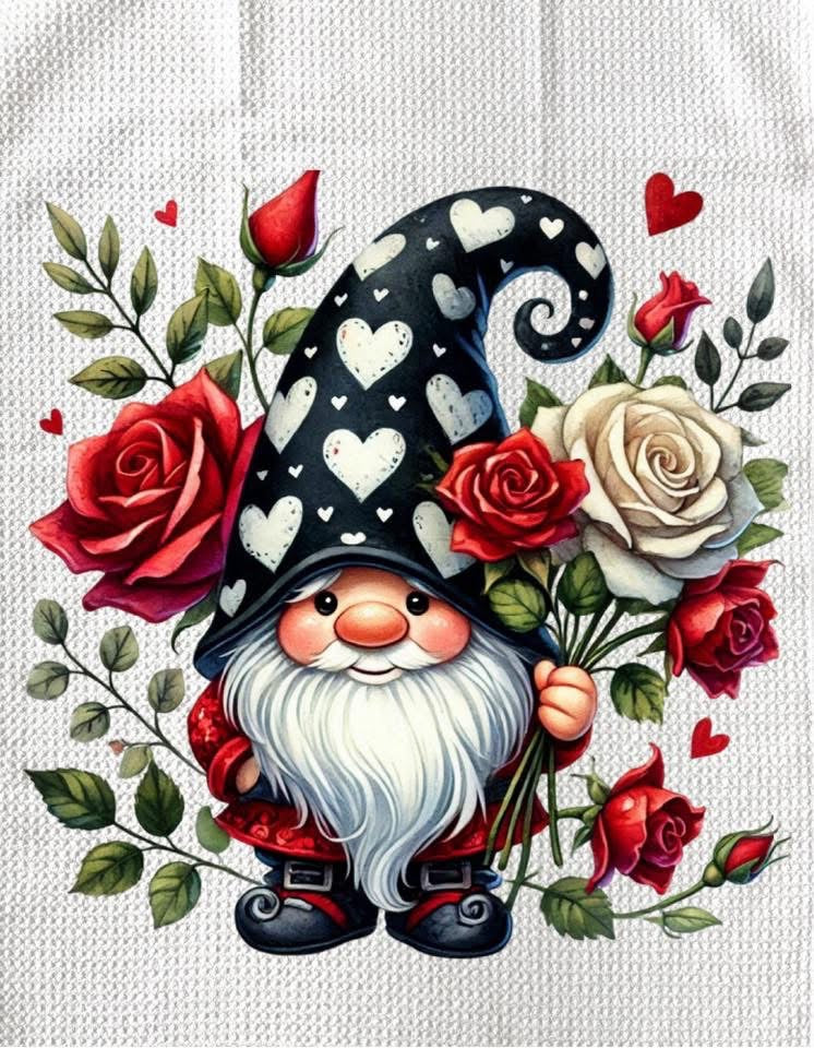 Towels - VALENTINES GNOME ROSES & LEAVES