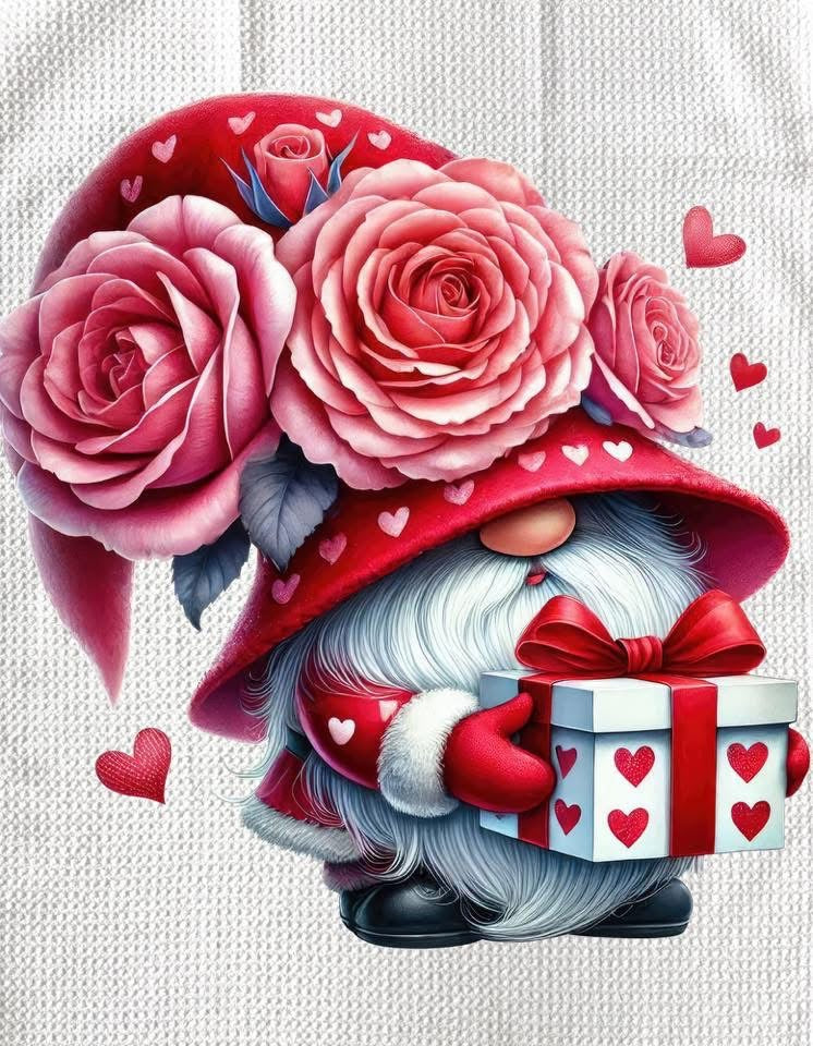 TOWELS - VALENTINE'S GNOME HOLDING HEART PRESENT