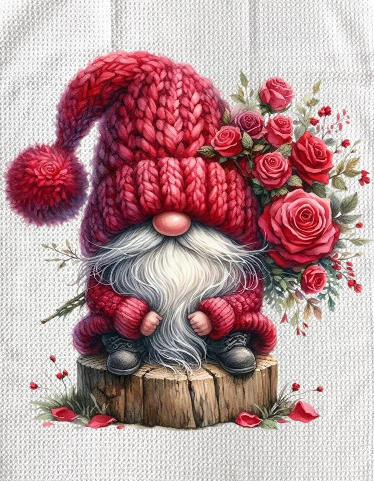 TOWELS - VALENTINE'S GNOME ON LOG