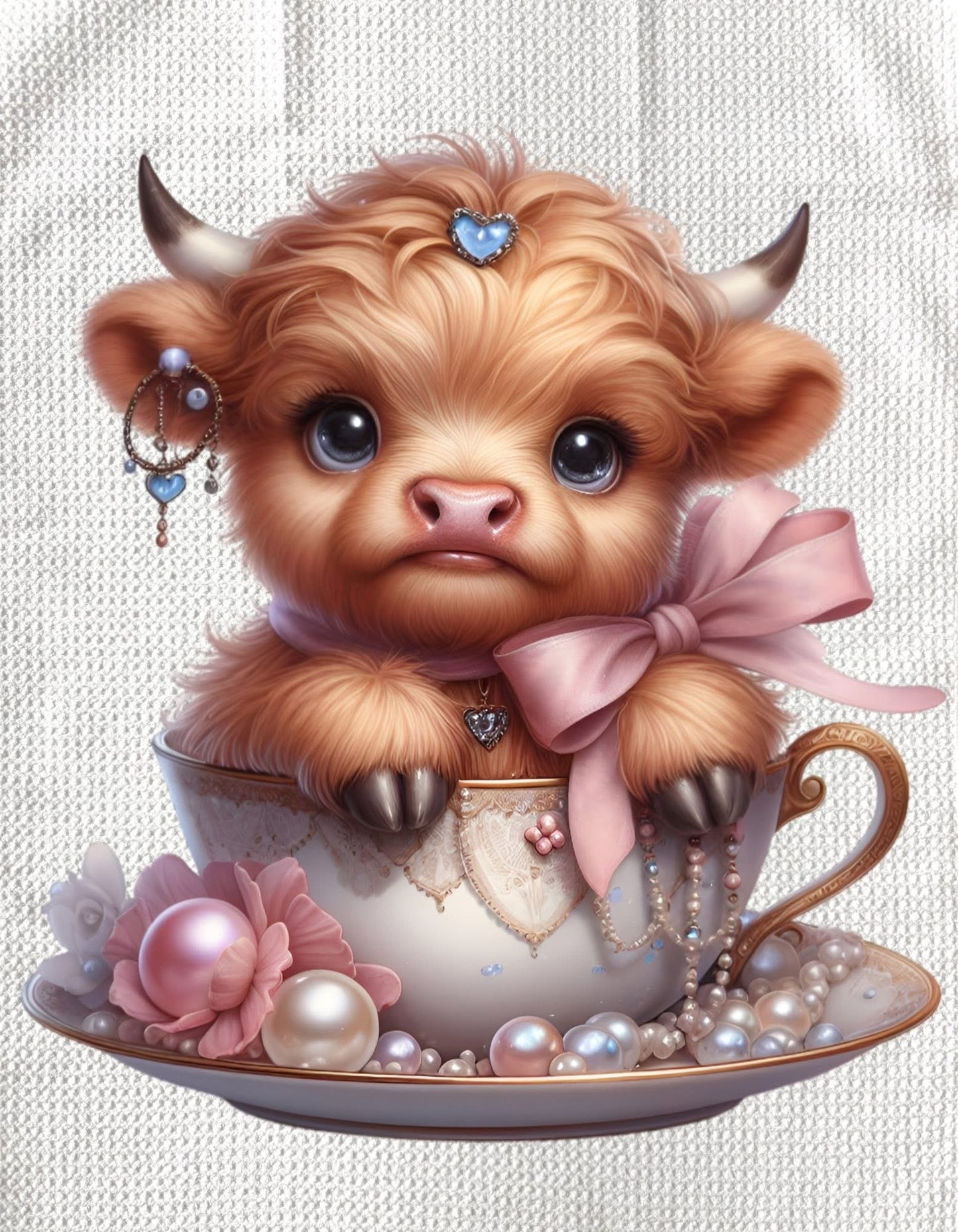TOWELS - HIGHLAND COW TEACUP BLUE HEART JEWEL
