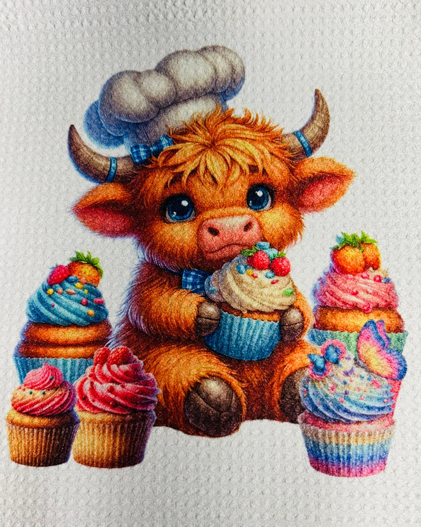 TOWELS - HIGHLAND COW BAKING CUPCAKES COLORFUL
