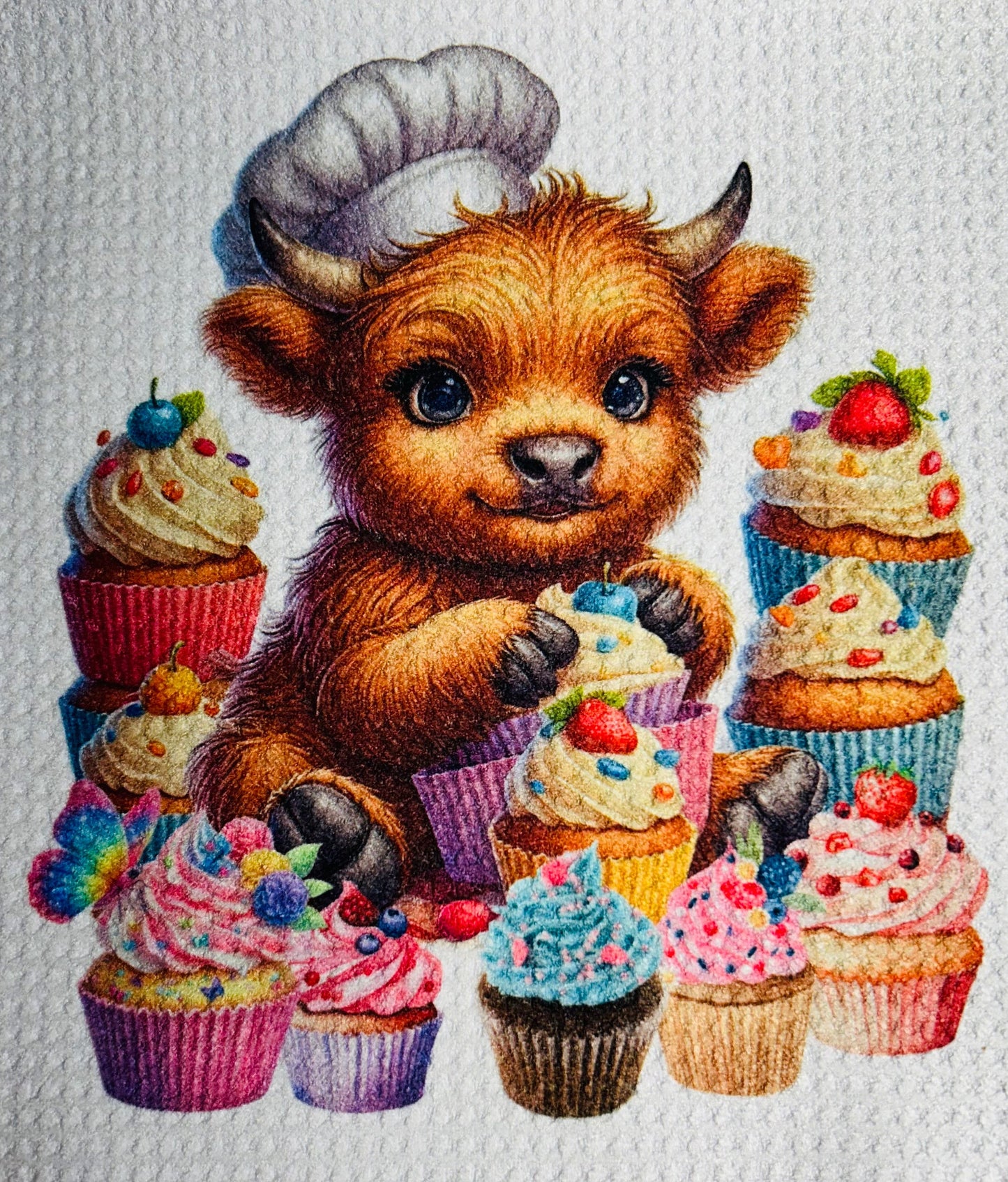 TOWELS - HIGHLAND COW BAKING CUPCAKES