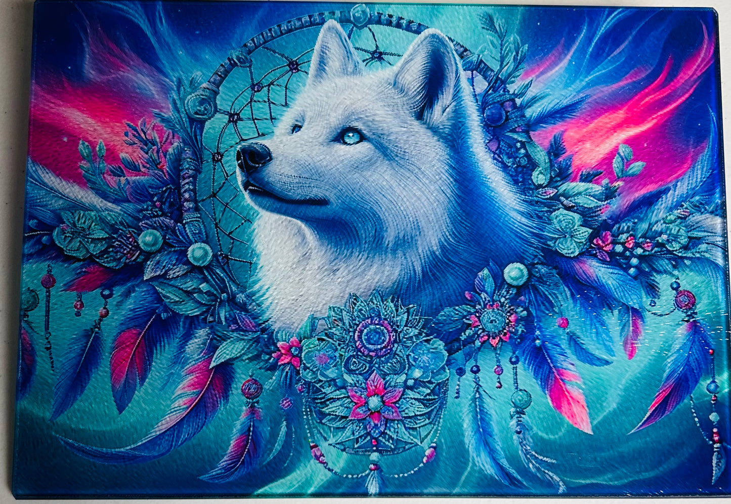 Tempered Glass Cutting Board Wolf Dream Catcher Blue