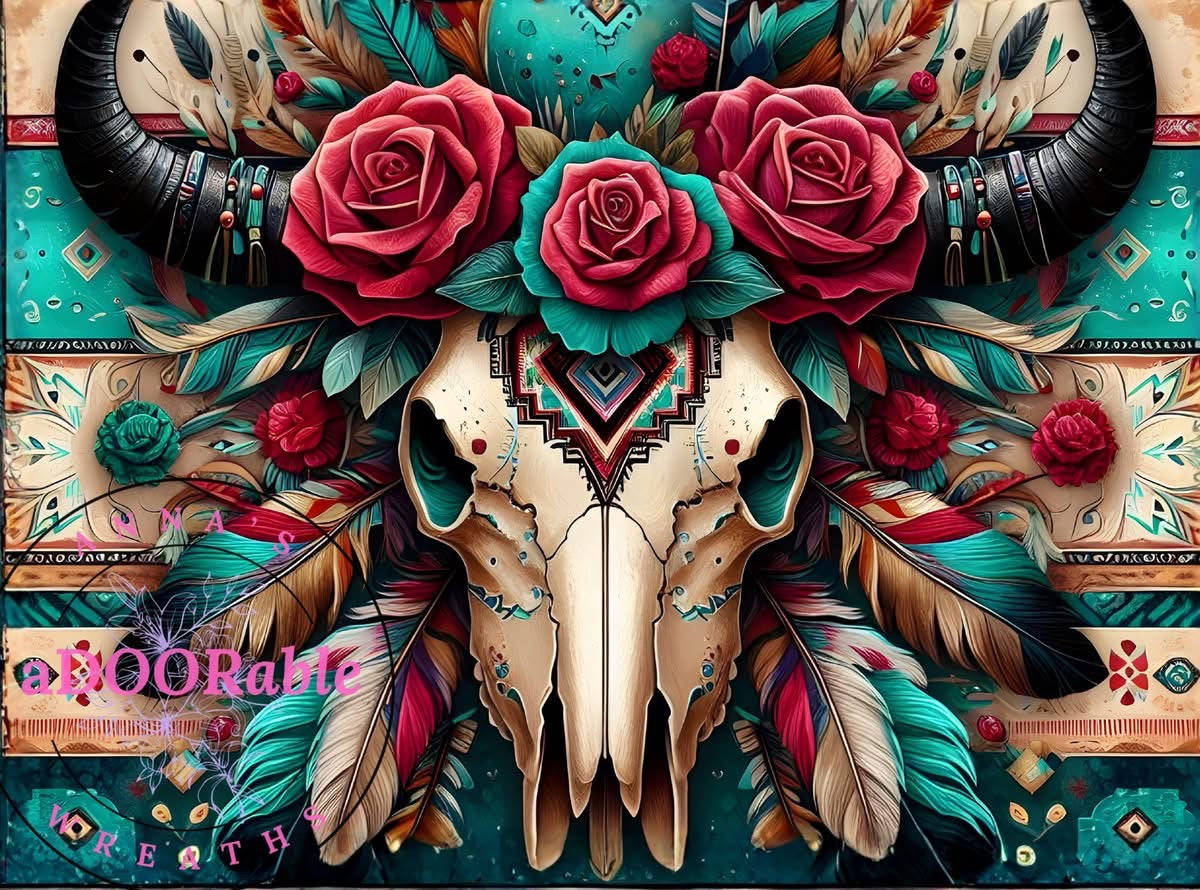 Tempered Glass Cutting Board Southwest Skulls Red & Teal Floral