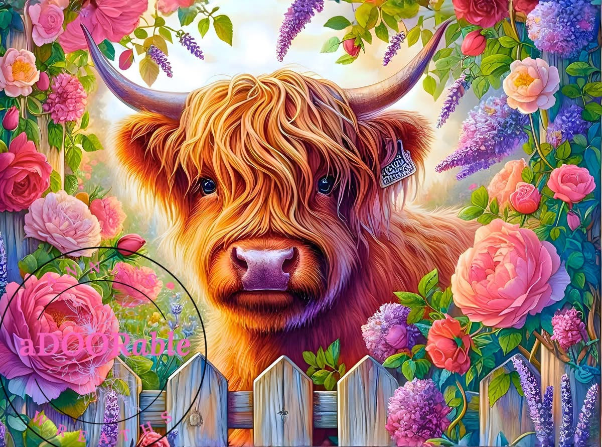 Tempered Glass Cutting Board Highland Cow Floral Fence