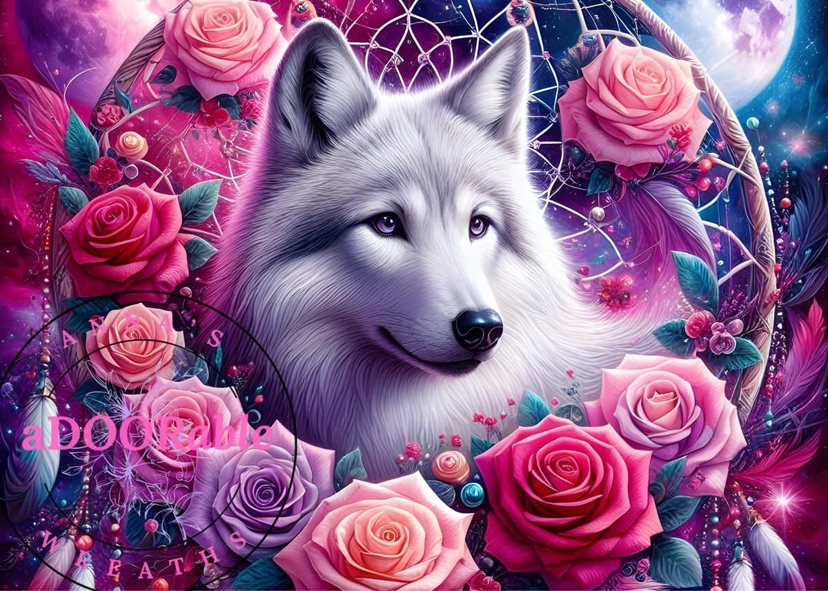 Tempered Glass Cutting Board Wolf White Fur and Roses
