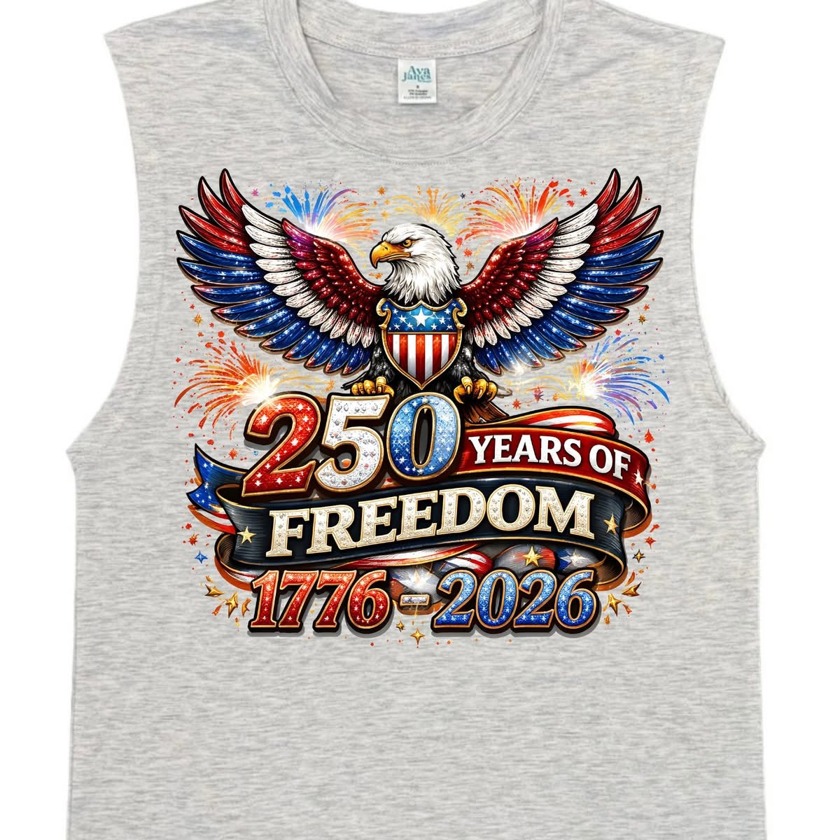 Gray sleeveless shirt with an eagle design celebrating 250 years of freedom, featuring the years 1776-2026.