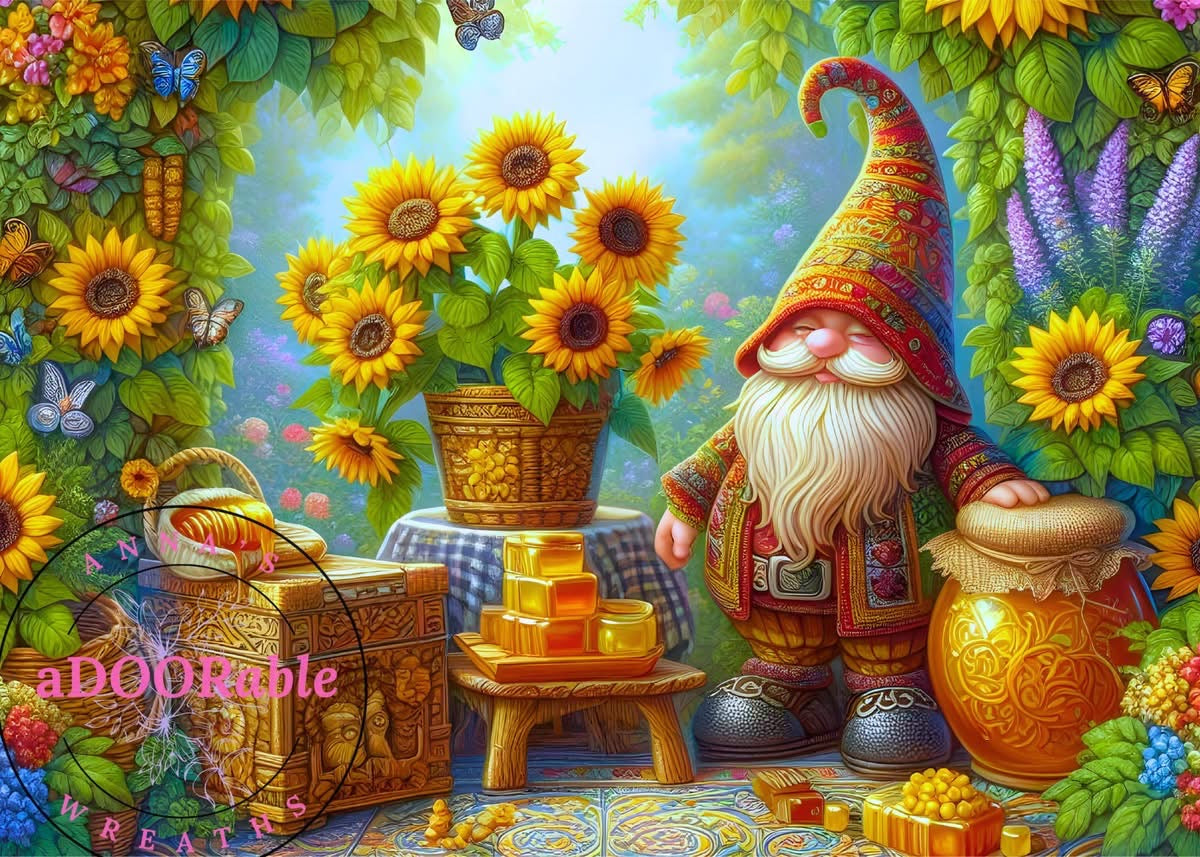 Tempered Glass Cutting Board Gnomes Sunflowers & Honey Jar